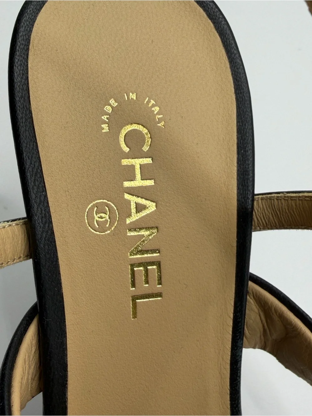 CHANEL Black Leather Chain-Trim High Heel Sandals